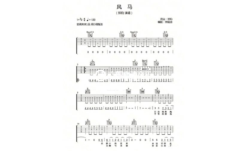 风马吉他谱-郑钧《风马》D调图片谱-完整原版弹唱谱