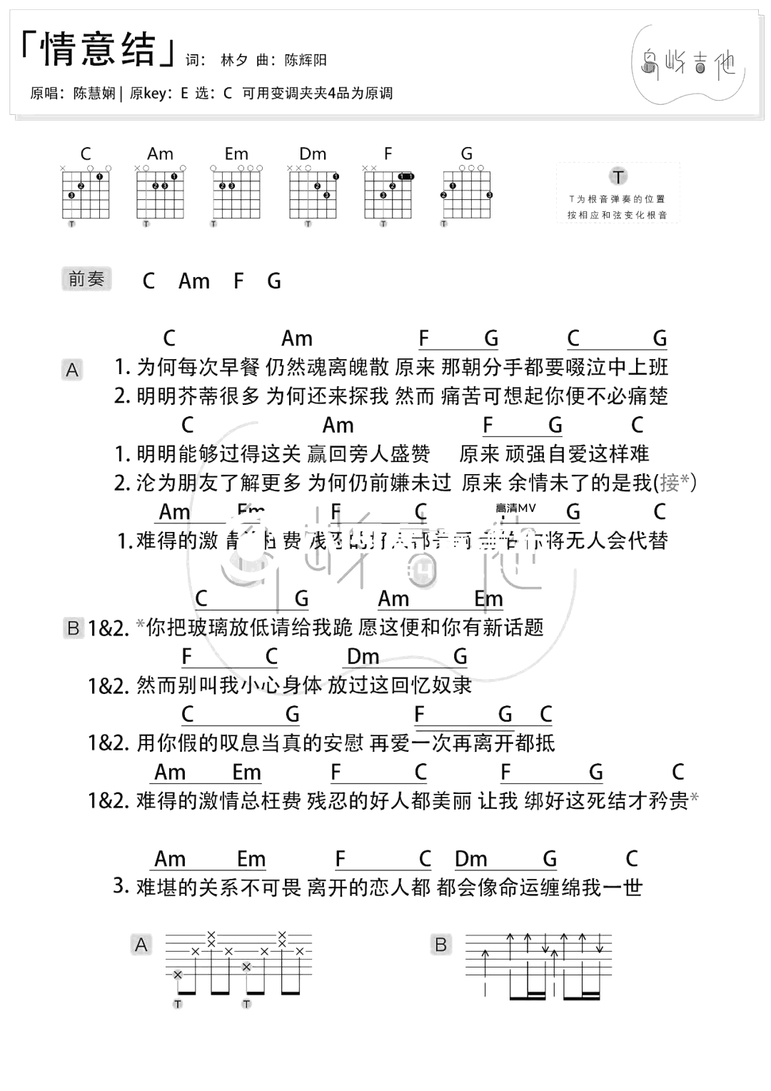 情意结吉他谱C调-陈慧娴《情意结》完整原版六线谱